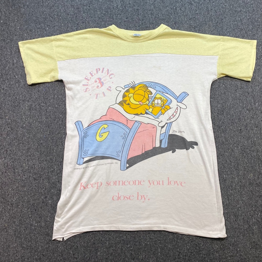 Flirts Garfield Sleep TShirt Sz L Womens White Yellow Vintage 80s 90s Loungewear